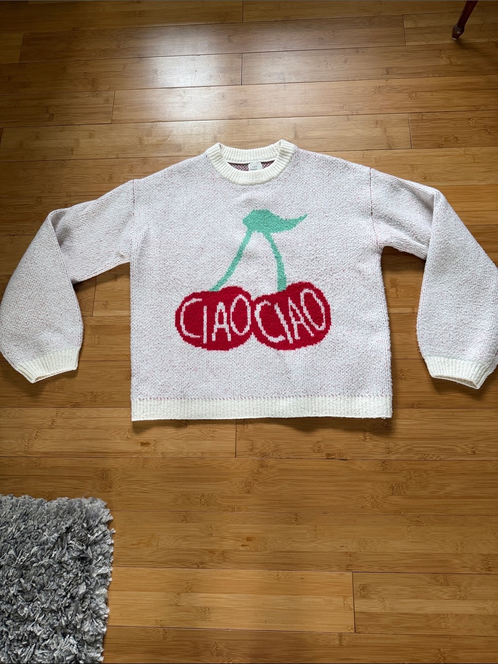 a new day Cream Crewneck Sweater with Red Cherry Motif